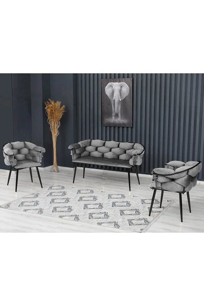 Balon Çay Seti Takımı Koltuk Takımı Oturma Odası Kafe Antre Hol Ofis 2+1+1 Siyah Metal