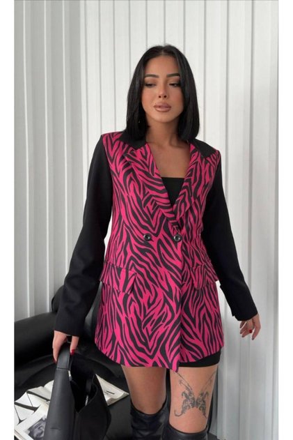 Atlas Fabric Fuchsia Color Zebra Pattern Lined Black Sleeve Detailed Jacket Women