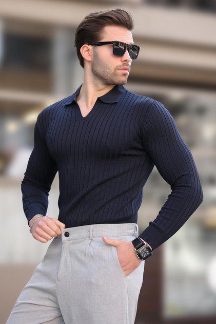 Navy Blue Polo Neck Striped Long Sleeve Men's Sweater 7289