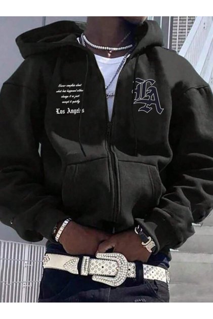Black Men's Cardigan Los Angeles Printed Loose Fit Lace-Up Hooded Fleece Sweatshirt