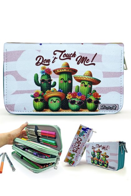 Μολυβοθήκη με σχέδιο κάκτου Kawai Organizer Μολυβοθήκη από Vegan δέρμα με τρία διαμερίσματα - Πράσινο
