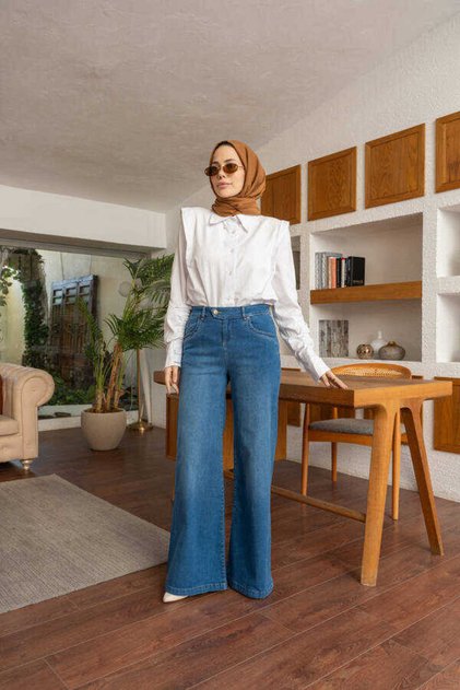 1067-Denim Bol Paça Pantolon Mavi