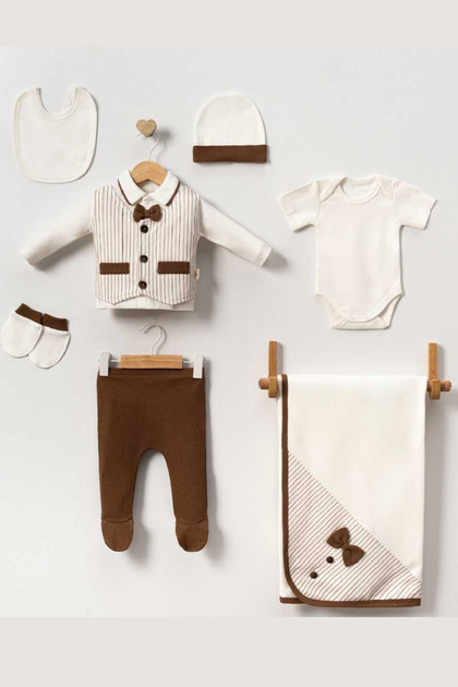 Striped Pocket Baby Boy Newborn 7 Piece Blanket Hospital Discharge Bodysuit Set