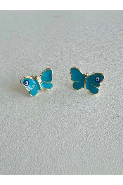 Gold Color Turquoise Mineral-Nazar Bead Minimal Butterfly Earrings Acr7497