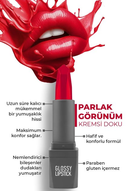 320 Glossy Red Parlak Ruj - Nemlendirici Etkili Pürüzsüz Dudak Görünümü - Glossy Lipstick