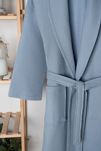 100% Cotton Unisex Blue Waffle Pique Bathrobe - High Water Absorbent & Soft Shawl Collar Bathrobe - Home1961
