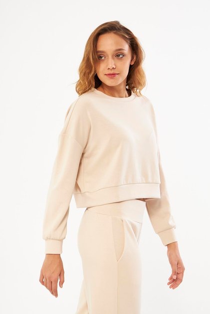 Beige Women's Long Sleeve Crop Sweatshirt - Gobi