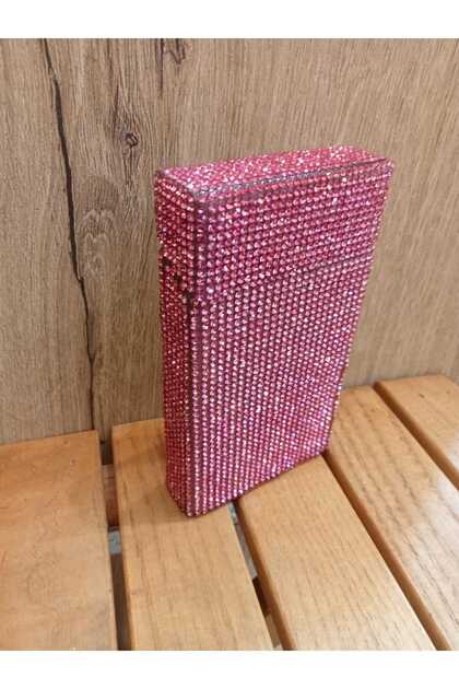 Pembe Taşlı Slim (İnce) Uzun Metal Sigara Kutusu