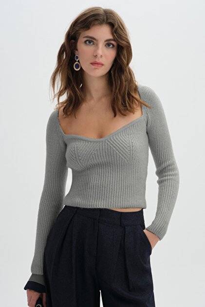 Gray Melange Long Sleeve Knitwear Sweater