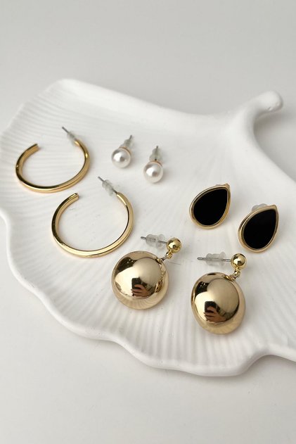 Gold Color Pearl Detailed Multiple Earrings Set