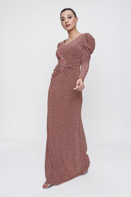 Long Sleeve Silvery Long Dress with Lining and Diamond Detail on the Waist