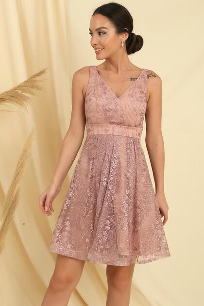 By Sayg V-Neck Lined Lace Dress- Trendyol