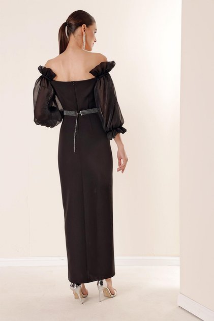 Square Neck Sleeves Organza Front Slit Long Dress with Waist Belt