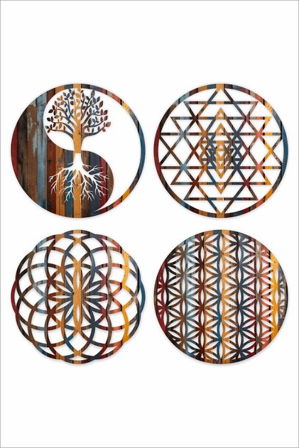 Flower of Life, Sri Yantra, Torus and Yin Yang Set of 4 Wall Painting