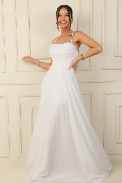 String straps underwire top draped lined tulle glitter long evening dress