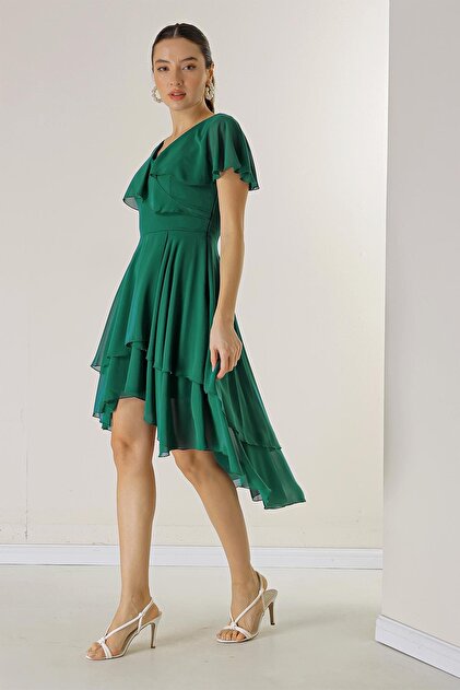 chiffon dress long back short front 24248A Women'S Elegant Floral Lace V-Neck Short Sleeve Short Front Long Back Chiffon Hem Double-Layer Wedding Party Dress