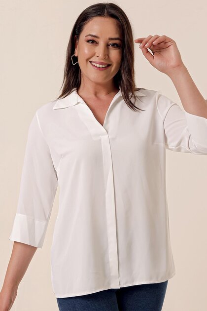 Polo Neck Quarter Sleeve Plus Size Blouse