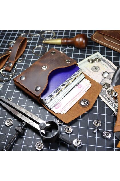 Cüzdan Olmeca, Dikişsiz, Çıtçıtlı Model, Leather Wallet Rivet Olmeca, Taba Renk