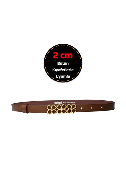 Women's Light Brown Belt with 100% Genuine Leather, Gold Color Buckle 2 Cm; Dress, Pants Belt_3Flower