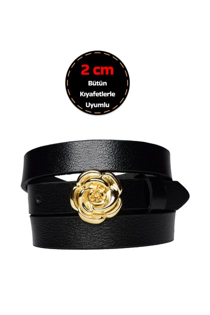 100% Genuine Leather, Thin 2 cm Black Women's Belt with Gold Color Buckle; Dress, Trouser Belt_Gülr