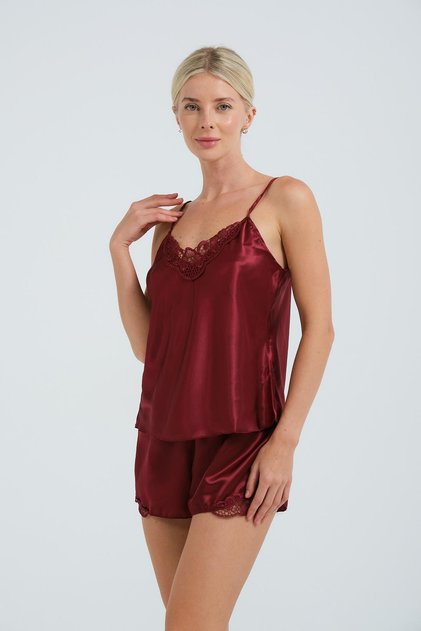 Lace Detailed Rope Strap Satin Shorts Nightgown Set 028 Burgundy