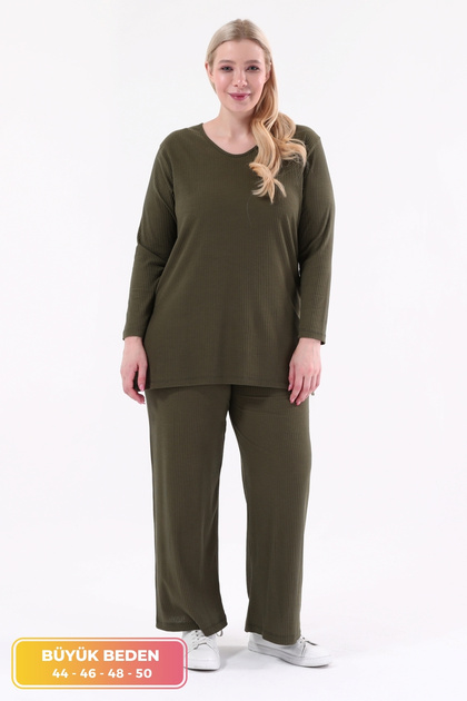 Large Size Side Slit Double Suit with Corded Comfortable Trousers Tunic 2-Piece Stylish Bottom-Top Set