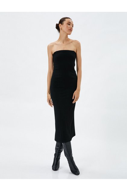 Midi Strapless Dress Viscose Blend Slit Detail