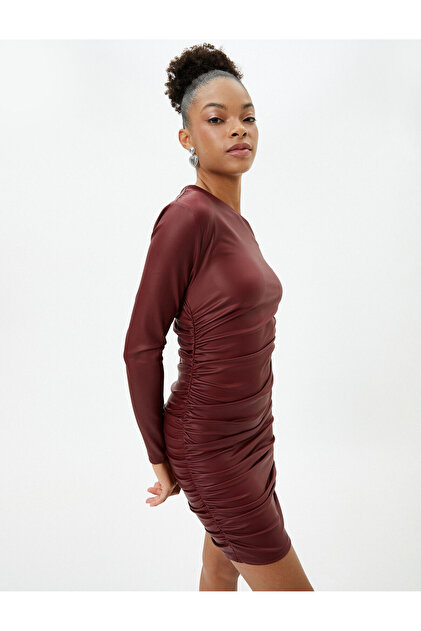 Koton Leather Look Mini Pencil Dress Off Shoulder Asymmetrical Collar  Draped Long Sleeve- Trendyol