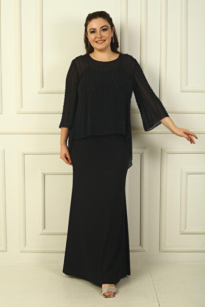 By Sayg Plus Size Beaded Chiffon Blouse and Long Sandy Dress - Rope Strap  and Buttoned Back 2-Piece Set- Trendyol