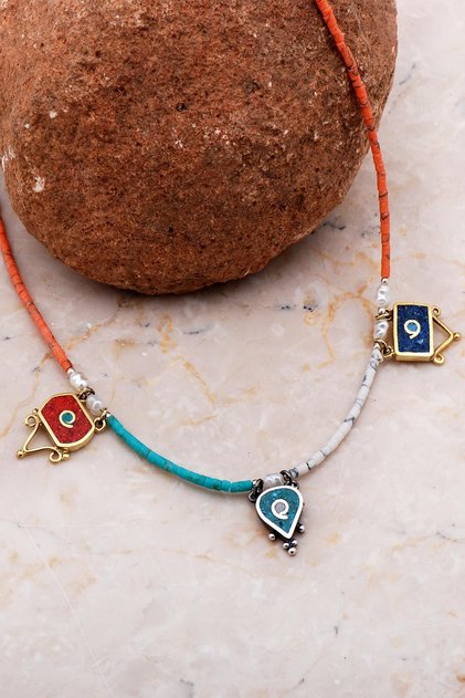 Doğal Taşlı Mozaik İşlemeli Gümüş Kolye 6528