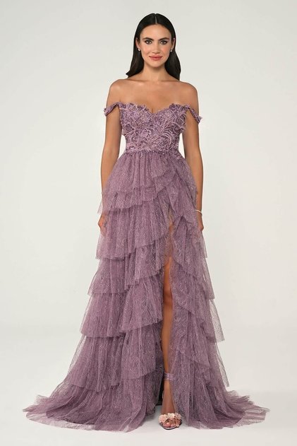 Off-Shoulder Dusty Rose Glitter Tulle Skirt Evening Dress - 60