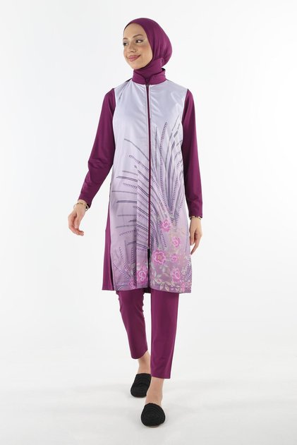2158_patterned Zippered Parachute Fabric Full Covered 4-Piece Hijab Swimsuit