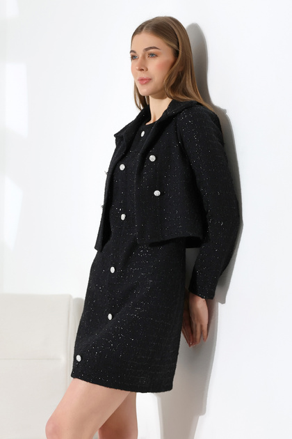 Mois Atelier Black Glitter Tweed Suit Checkered Chanel Fabric