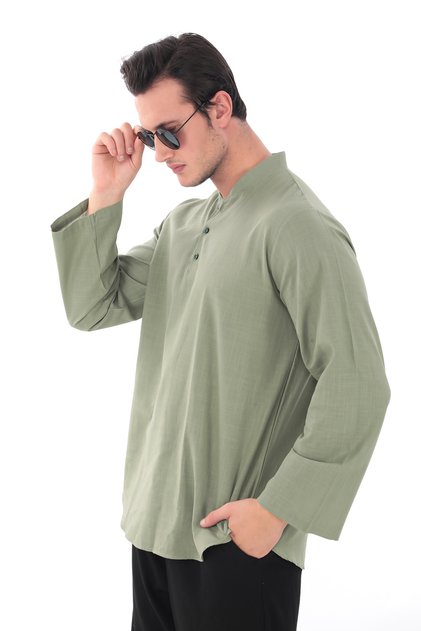 Hakim Collar Shirt | Cuffless 100% Cotton - Khaki