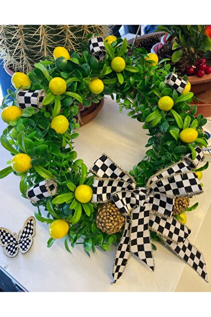 Marrone Limonlu Kapı süsü Mackenzie Damalı Kurdele Yeniyıl Ev