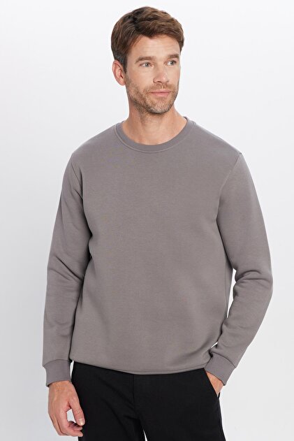 Unisex Relax Fit Rahat Kesim Pamuklu 3 İplik İçi Polarlı Basic Gri Bisiklet Yaka Sweatshirt