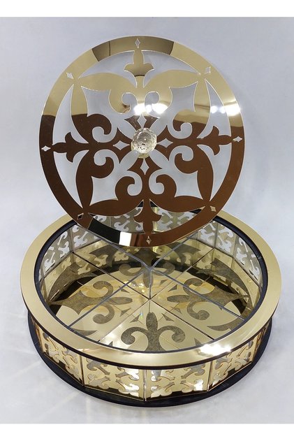 Special Acrylic & Wooden Turkish Delight - Chocolate - Candy - Nuts 4-Section box ( Transparent & Gold & black )