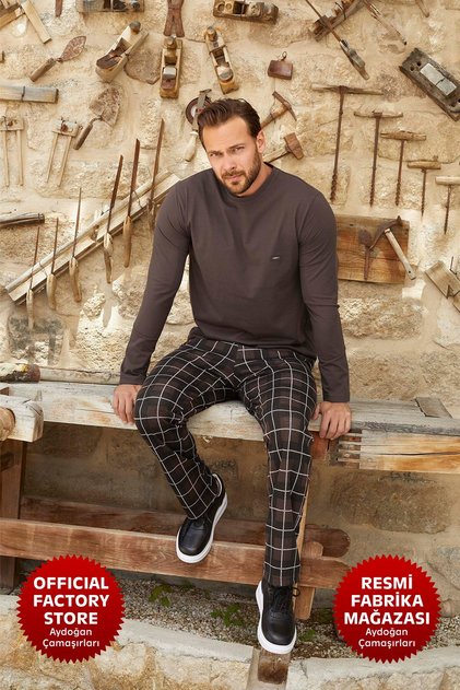 Erkek Kahverengi %100 Pamuklu Pijama Takımı Jakarlı Bisiklet Yaka Uzun Kol C1-4 - 3384 - Aydogan ®