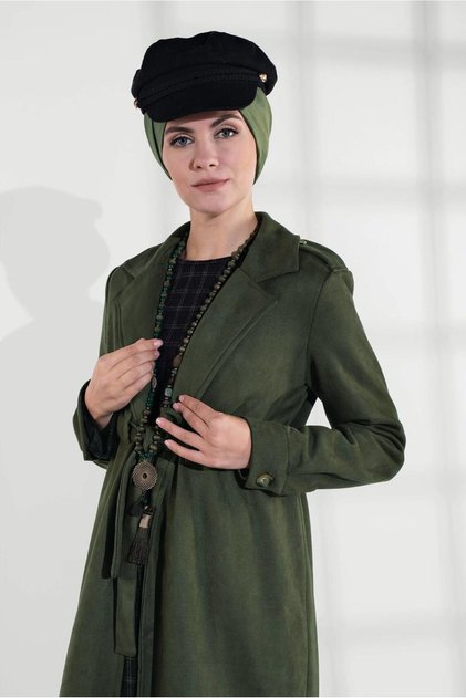 KADIN HAKİ BELİ BÜZGÜLÜ BAĞCIKLI SÜET TRENÇKOT 2758