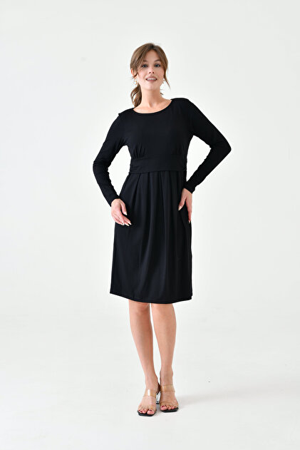 Rochie de maternitate midi, confortabilă, elegantă, din viscoză, cu mâneci lungi pentru alăptare