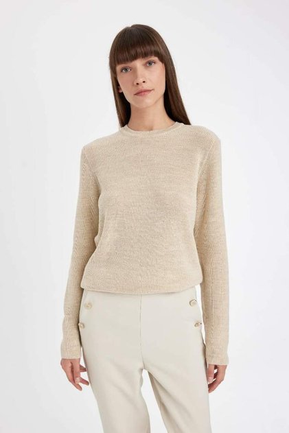 Regular Fit Crew Neck Silvery Fabric Sweater Tunic