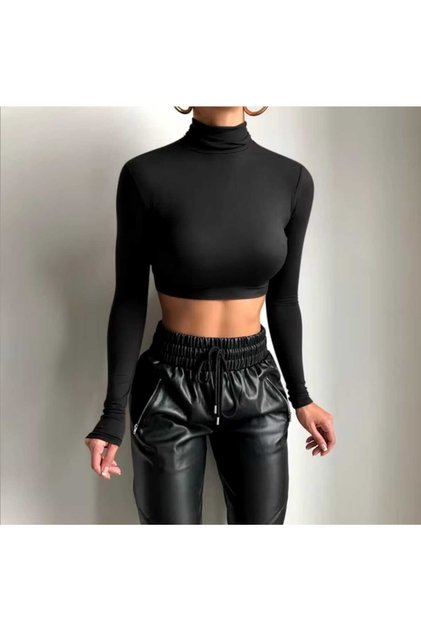 Balıkçı Yaka uzun Kollu Siyah Crop , Siyah Crop Body