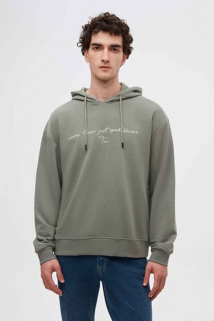 Relaxed Fit Khaki Embroidered 3 Thread Hooded Sweatshirt