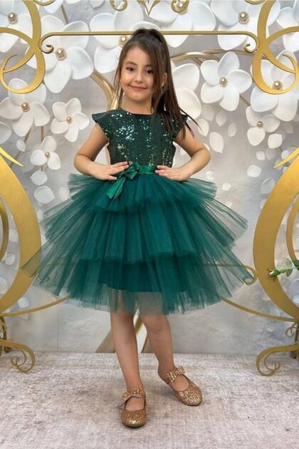 Sequined Layered Sequined Green Children's Evening Dress 23 April Show Dress for Ages 2/11 Aby4560