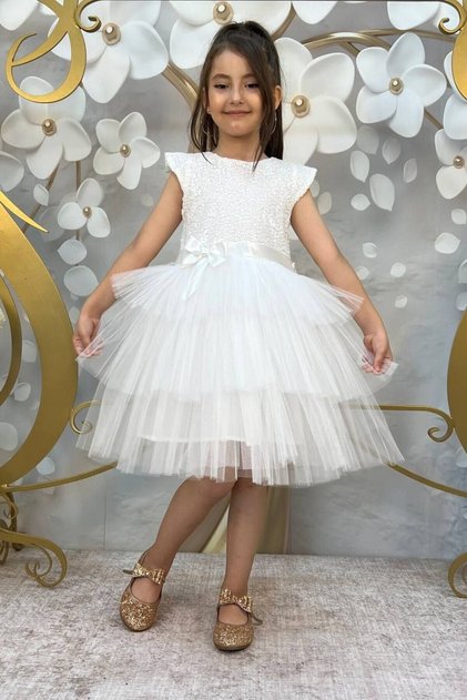Sequined Layered Sequined White Children's Evening Dress 23 April Show Dress for Ages 2/11 Aby4560