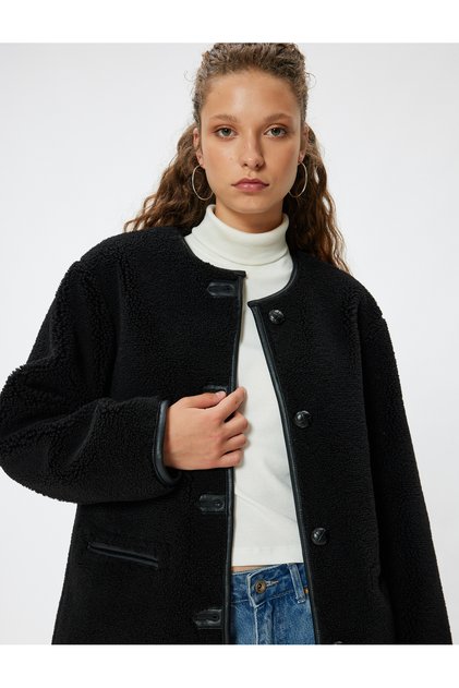 Long Plush Jacket Faux Leather Detailed Button up Crew Neck Fleto Pocket