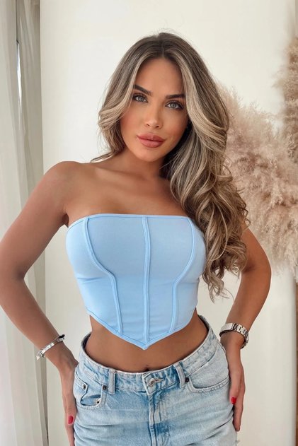 Wft1820 Strapless Zipper Detailed Baby Blue Crop