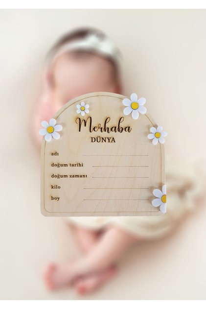 Baby Hello World Newborn Photography Memory Card with Natural Wood and Daisy Pattern
