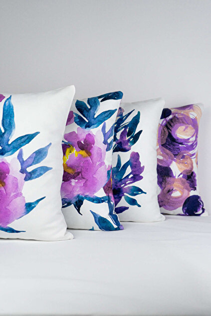 Double Sided Purple Abstract Flower Patterned 4-Piece Digital Printed Throw Pillow Cover Set 4kmbs062-ct