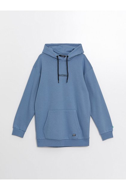 Lcw Casual Blue Long Sleeve Printed Men's Thick Hoodie